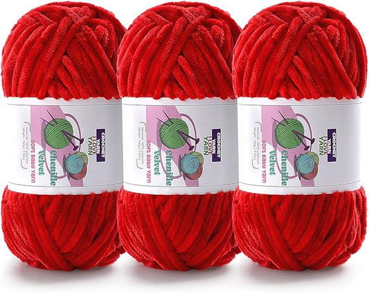 3 Skeins Velvet Chunky Yarn, Chenille Yarn for Crocheting and Hand Knitting, Blanket Yarns for Making Scarves and Knitting Projects - Amigurumi Crochet Yarn (3×3.5oz, 3×87.5yds)
