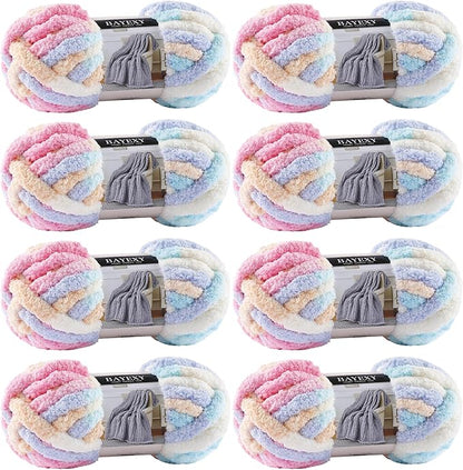 Chunky Chenille Yarn for Hand Knitting 8 Jumbo Pack Jumbo Chunky Yarn for Hand Soft Blanket Knitting, Bulky Thick Fluffy Yarn for Crocheting (Marshmallow Color)