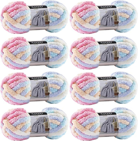 Chunky Chenille Yarn for Hand Knitting 8 Jumbo Pack Jumbo Chunky Yarn for Hand Soft Blanket Knitting, Bulky Thick Fluffy Yarn for Crocheting (Marshmallow Color)