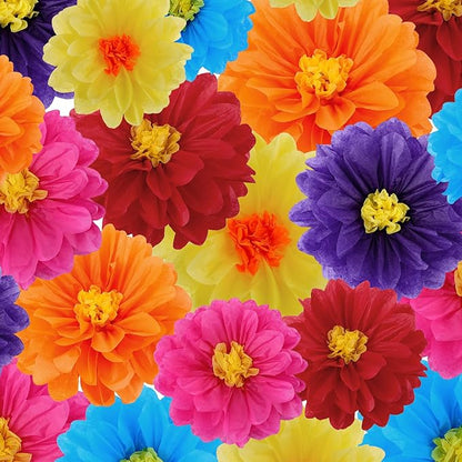 Geyee 18 Pcs Mexican Paper Flowers Colorful Fiesta Tissue Paper Flowers Pom Poms Mexican Carnival for Floral Party Backdrop Wedding Birthday Party Craft (10" 12" 14")