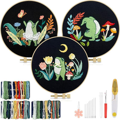 TINDTOP 3 Sets Embroidery Kit for Adults, Frog Embroidery Practice Kit for Beginners Include Embroidery Cloth Hoops Threads for Craft Lover Hand Stitch with Embroidery Skill Techniques