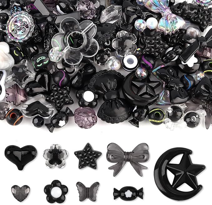150PCS Acrylic Pastel Beads for Jewelry Making, Kalolary Black Bow Butterfly Flower Bead Kawaii Plastic Heart Bead Cute Macaroon Aesthetic Beads for Bracelet Necklace DIY (Black)