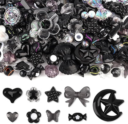 150PCS Acrylic Pastel Beads for Jewelry Making, Kalolary Black Bow Butterfly Flower Bead Kawaii Plastic Heart Bead Cute Macaroon Aesthetic Beads for Bracelet Necklace DIY (Black)