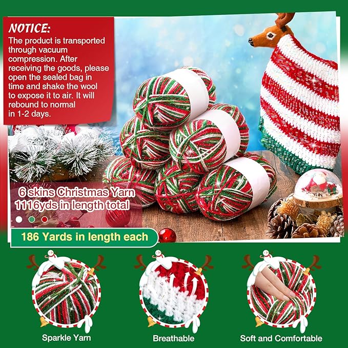 Timgle 6 Pcs Skeins Christmas Yarn for Crocheting 186 Yard Christmas Glitter Yarn Soft Each 100g/ 3.53 oz Knitting Crocheting Gift Craft Project Assorted Starter (Mixcolor Red Green White)