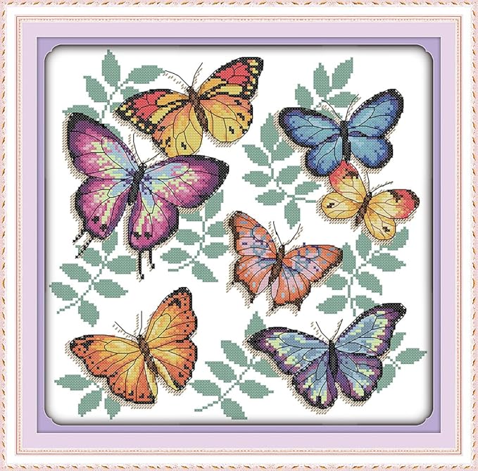 Funcrostitch Counted Cross Stitch Kits for Beginners,14ct Unprinted Pattern Embroidery Kit Dmc Cotton Threads Needleworks for Adults-The Colorful Butterflies 13.4"X13"