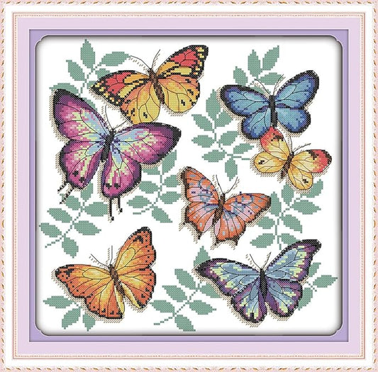 Funcrostitch Counted Cross Stitch Kits for Beginners,14ct Unprinted Pattern Embroidery Kit Dmc Cotton Threads Needleworks for Adults-The Colorful Butterflies 13.4"X13"