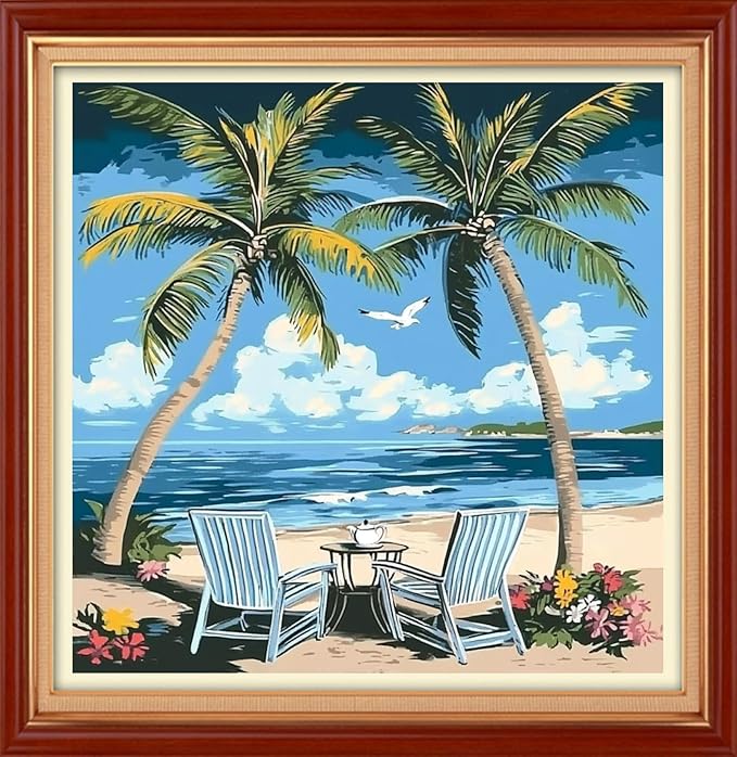 Foxhool Stamped Cross Stitch Kits,11CT Printed Cross Stitch Pattern Full Embroidery Kits for Beginner Needlepoint Kits& Beach Coconut Trees 18x18 inch