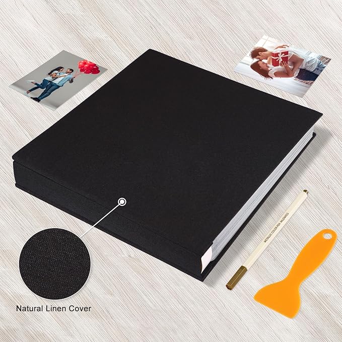 Photo Album Self Adhesive Pages Black Sticky Pages Large Scrapbook Linen Cover for 4x6 5x7 8x10 Pictures Album de Fotos Wedding Couples Baby Family Memory Book, 13.2x12.8 Black 120 Pages