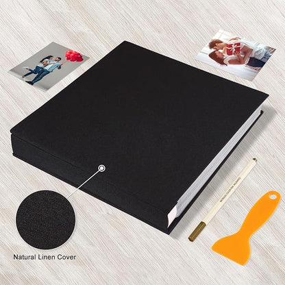 Photo Album Self Adhesive Pages Black Sticky Pages Large Scrapbook Linen Cover for 4x6 5x7 8x10 Pictures Album de Fotos Wedding Couples Baby Family Memory Book, 13.2x12.8 Black 120 Pages