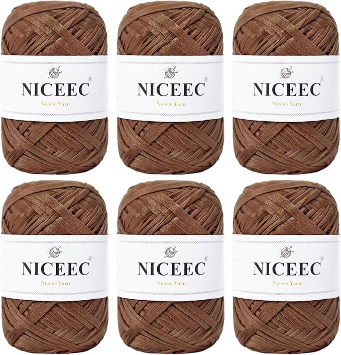 NICEEC 6 Skeins Soft Tape Yarn, Easy Crohcet Raffia, Crochet & Knitting, Paper Ribbon Yarn for DIY Craft Gift Wrapping Total Length 1.76oz×6/109yds×6 - Chocolate