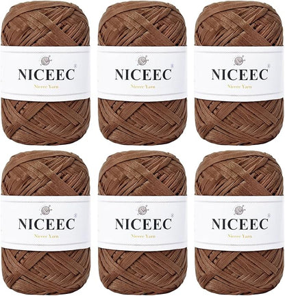 NICEEC 6 Skeins Soft Tape Yarn, Easy Crohcet Raffia, Crochet & Knitting, Paper Ribbon Yarn for DIY Craft Gift Wrapping Total Length 1.76oz×6/109yds×6 - Chocolate