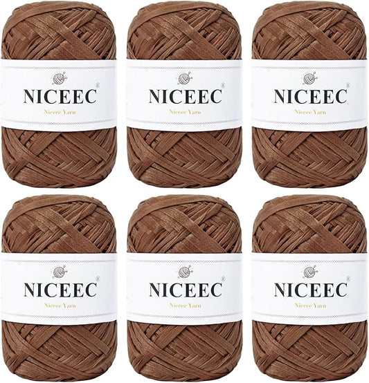 NICEEC 6 Skeins Soft Tape Yarn, Easy Crohcet Raffia, Crochet & Knitting, Paper Ribbon Yarn for DIY Craft Gift Wrapping Total Length 1.76oz×6/109yds×6 - Chocolate