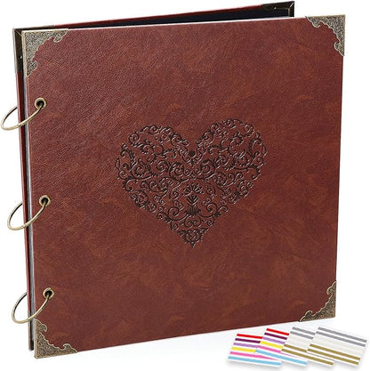 ADVcer Photo Album Scrapbook, 12x12 inch 50 Pages Vintage Leather Cover Big Three-Ring Binder Love Picture Booth DIY Scrapbooking Albums with 408pcs Self Adhesive Photos Corners for Memory Keep, Heart