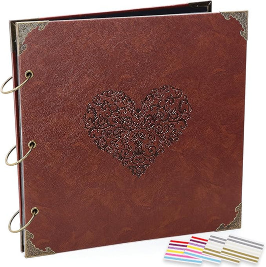 ADVcer Photo Album Scrapbook, 12x12 inch 50 Pages Vintage Leather Cover Big Three-Ring Binder Love Picture Booth DIY Scrapbooking Albums with 408pcs Self Adhesive Photos Corners for Memory Keep, Heart