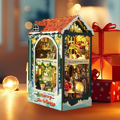 Foyucool DIY Book Nook Kit, Miniature Bookshelf Decor with LED Lights, Laser-Cut Wooden Craft Set for Adults, Creative Gift for Christmas, Birthday, Xmas, Merry Christmas