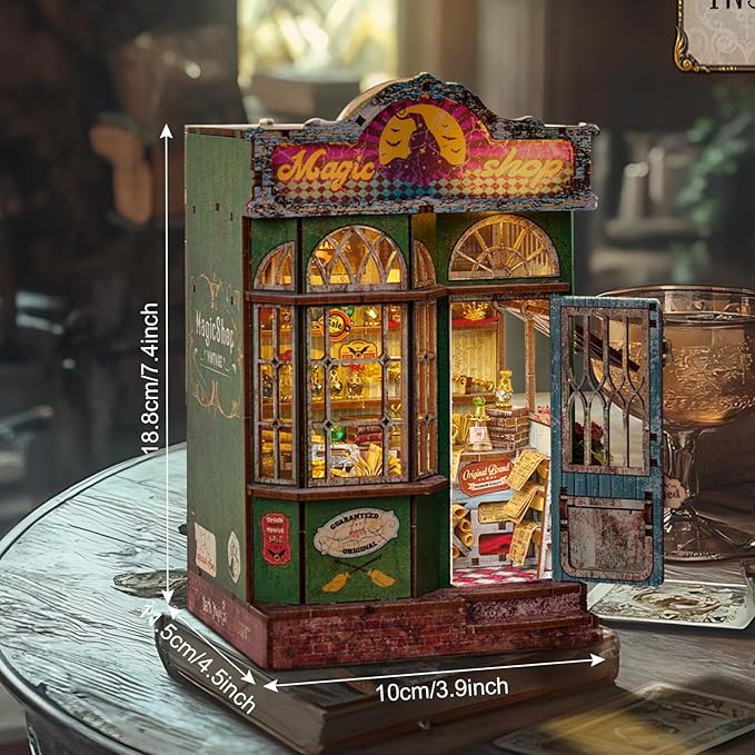 Foyucool DIY Book Nook Kit, Miniature Bookshelf Decor with LED Lights, Laser-Cut Wooden Craft Set for Adults, Creative Gift for Christmas, Birthday, Magic Shop