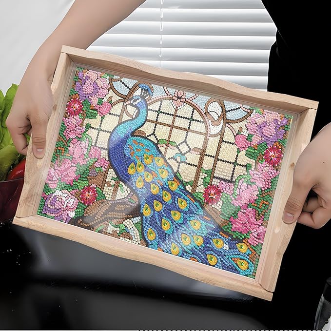 DIY Diamond Art Wooden Tray Kit, Food Tray with Handle Diamond Painted Table Decoration Tray, for Breakfast, Bar Dinner Table Diamond Dots Gem Painting Art Set for Beginners (#03-Peafowl)