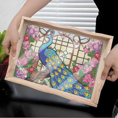 DIY Diamond Art Wooden Tray Kit, Food Tray with Handle Diamond Painted Table Decoration Tray, for Breakfast, Bar Dinner Table Diamond Dots Gem Painting Art Set for Beginners (#03-Peafowl)