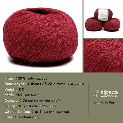 100% Baby Alpaca Yarn Wool Set of 3 Skeins (150 Grams) DK Weight - Made in Peru - Heavenly Soft and Perfect for Knitting and Crocheting (Red, DK)