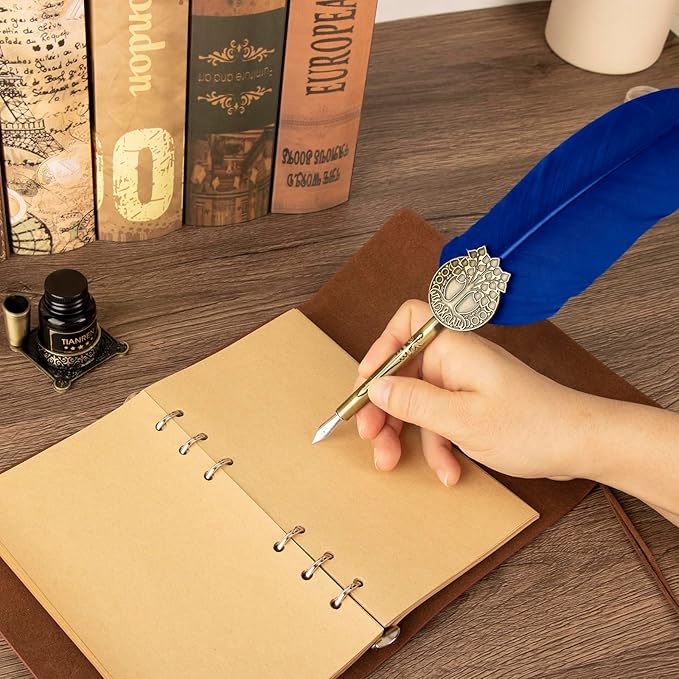 TIANREN Quill pen ink set,Feather Pen and Ink Set,Antique Calligraphy Pen with 4 Replaceable Nibs,2 Bottle of ink,Feather Dip Pen Holder Christmas Gift for Men&Women.(Blue)