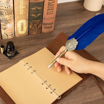 TIANREN Quill pen ink set,Feather Pen and Ink Set,Antique Calligraphy Pen with 4 Replaceable Nibs,2 Bottle of ink,Feather Dip Pen Holder Christmas Gift for Men&Women.(Blue)