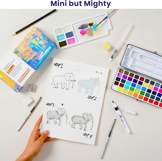 Watercolor Paint Set, 50 Colors, 4 Brushes, 3 Swatch Cards, Palette, Acrylic Marker Pen, and Accessories Included, All in One Portable Travel Watercolor Kit, Art Supplies Gift for Beginners, Adults, Artists, and Hobbyists