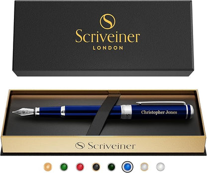 Scriveiner Personalized Midnight Blue Fountain Pen - Stunning Blue Lacquer Luxury Pen, Chrome Finish, German Schmidt Nib (Medium), Best Engraved Pen Gift Set for Men & Women, Name Engraving