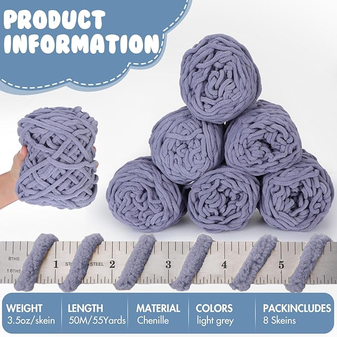 Buryeah 8 Pack Chunky Chenille Yarn for Crocheting Soft Thick Fluffy Yarn for Hand Knitting Bulky Velvet Blanket Plush for Weaving DIY Crafts Each 3.5 oz 55 Yards (Light Gray)