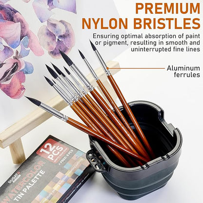 DUGATO Artist Paint Brush Set (10 Sizes) - Fine Tip Round Synthetic Brushes for Watercolor, Acrylic, Gouache, Oil Painting & Crafts - Professional Quality Art Supplies