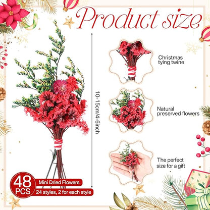 Tinideya 48 Pack 6 Inch Christmas Mini Dried Flower Bouquets Bulk Red Green Dried Flowers with Stem Berries for Vase DIY Wreath Crafts Xmas Home Decoration Christmas Tree Picks Decorations