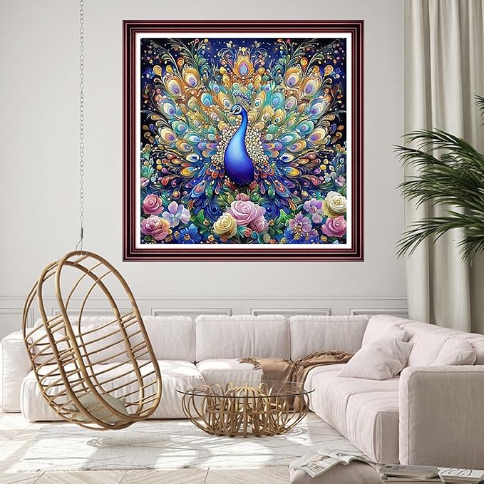 DMCCRAFT Stamped Cross Stitch Kits for Adults 11CT Printed Cross-Stitch Patterns Embroidery Kits Easy Cross Stitching Needlepoint Kits Crossstitch-Magical Peacock Flower 18x18 inch