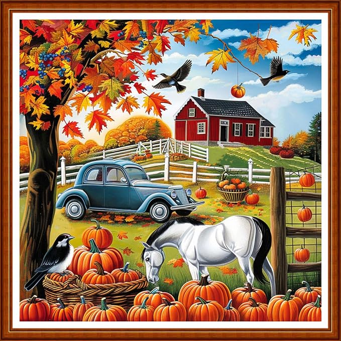 Joyhoor Stamped Cross Stitch Kits for Beginners Needlepoint Kits for Adults Embroidery Kits 11CT Counted Cross Stitch Kits Printed Embroidery Pattern- Autumn Scenery at Home 18x18 inchs