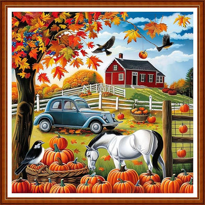 Joyhoor Stamped Cross Stitch Kits for Beginners Needlepoint Kits for Adults Embroidery Kits 11CT Counted Cross Stitch Kits Printed Embroidery Pattern- Autumn Scenery at Home 18x18 inchs
