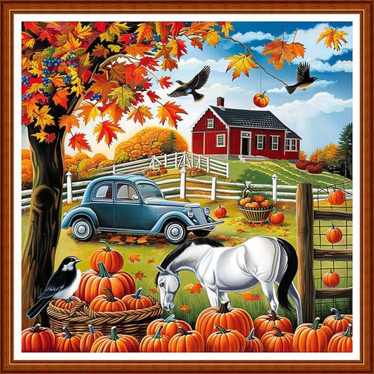 Joyhoor Stamped Cross Stitch Kits for Beginners Needlepoint Kits for Adults Embroidery Kits 11CT Counted Cross Stitch Kits Printed Embroidery Pattern- Autumn Scenery at Home 18x18 inchs