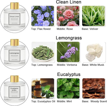 POWSHELF Reed Diffuser Set of 3 Pack,50ML Clean Linen Lemongrass Eucalyptus & Mint Scented Oil Diffuser with 5 Sticks,Home Fragrance Reed Diffuser for Bedroom Bathroom Office