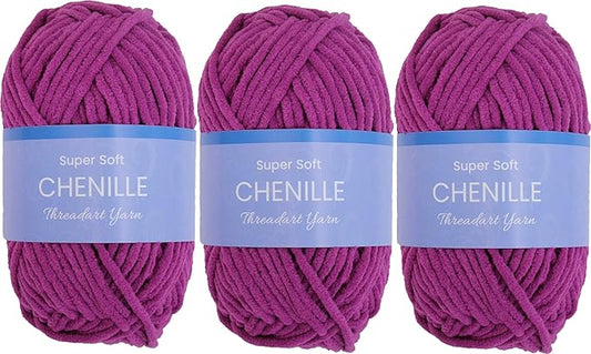 3 Pack ThreadArt Chenille Yarn for Crocheting, Knitting, Amigurumi, Super Soft Plush Velvet Yarn - 50 Gram 60 yds #5 Fluffy Yarn Skeins - Magenta 20