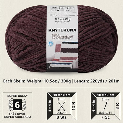 #6 Super Bulky Blanket Yarn for Crocheting - 4 Skeins(Each 10.5oz/300g, 220yds/201m), Chunky Chenille Thick Plush Big Soft Yarn for Crocheting Knitting Blankets, Dark Coffee