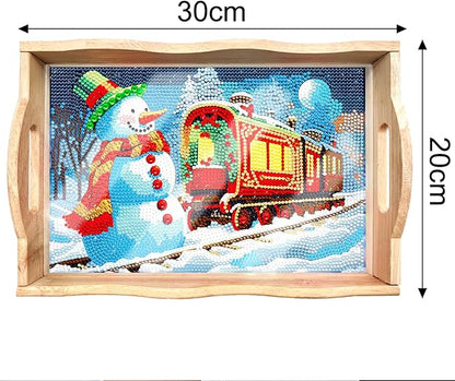 FGbaby DIY 5D Snowman Train Diamond Painting Wood Serving Tray with Handles Diamond Art Decor Serving Trays Wooden Tray for Breakfast in Bed, Patio, BBQ, Coffee Table, Party –Great for Lap & Couch