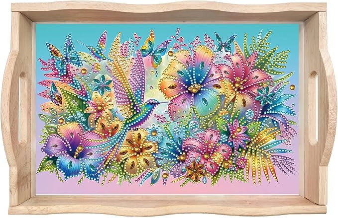 DIY Diamond Art Wooden Tray Kit, Food Tray with Handle Diamond Painted Table Decoration Tray, for Breakfast, Bar Dinner Table Diamond Dots Gem Painting Art Set for Beginners-#41-Hummingbird