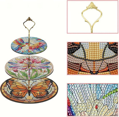 Three-Tier Diamond Painting Wooden Cake Stand DIY Sunflower Diamond Painting Cupcake Towel-Lined Tiered Tray Reusable Pastry Stand (Butterfly)