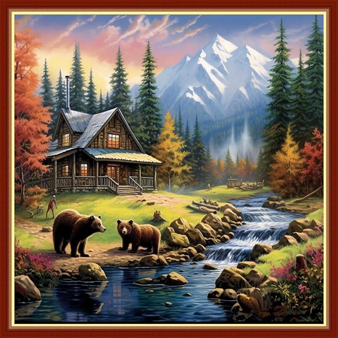Findvoor Stamped Cross Stitch Kits for Beginners Full Range of Cross Stitching Embroidery Pattern for Adults, 11CT DIY Needlepoint Embroidery Starter Kits-Forest Bear 17.7x17.7 inch