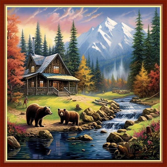 Findvoor Stamped Cross Stitch Kits for Beginners Full Range of Cross Stitching Embroidery Pattern for Adults, 11CT DIY Needlepoint Embroidery Starter Kits-Forest Bear 17.7x17.7 inch
