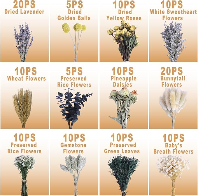 130Pcs DIY Mixed Natural Dried Flower Set, Preserved Flowers Bulk with Baby's Breath, Dried Roses, Eucalyptus Stems, Mini Handmade Flower Arrangement, Dried Flower for Home Decor
