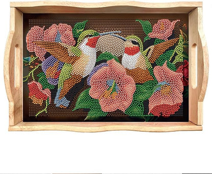 FGbaby DIY 5D Flower Hummingbird Diamond Painting Wood Serving Tray with Handles Diamond Art Serving Trays Wooden Tray for Breakfast in Bed, Patio, BBQ, Coffee Table, Party –Great for Lap & Couch