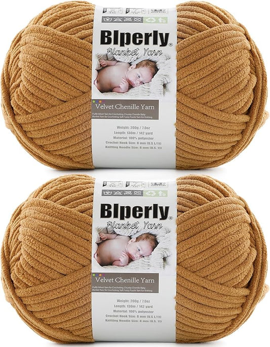 6 Super Bulky Velvet Chenille Yarn for Crocheting - 2 Skein of 200g/7 oz - Ultra Soft Heavy Weight Chunky Knitting Yarn for Baby Blankets, Amigurumi, Home Decor（Camel，2 Skein）