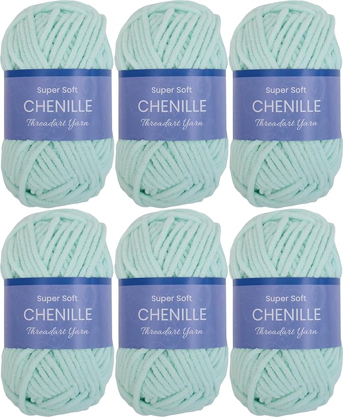 6 Pack ThreadArt Chenille Yarn for Crocheting, Knitting, Amigurumi, Super Soft Plush Velvet Yarn - 50 Gram 60 yds #5 Fluffy Yarn Skeins - Pale Aqua 25