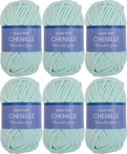 6 Pack ThreadArt Chenille Yarn for Crocheting, Knitting, Amigurumi, Super Soft Plush Velvet Yarn - 50 Gram 60 yds #5 Fluffy Yarn Skeins - Pale Aqua 25