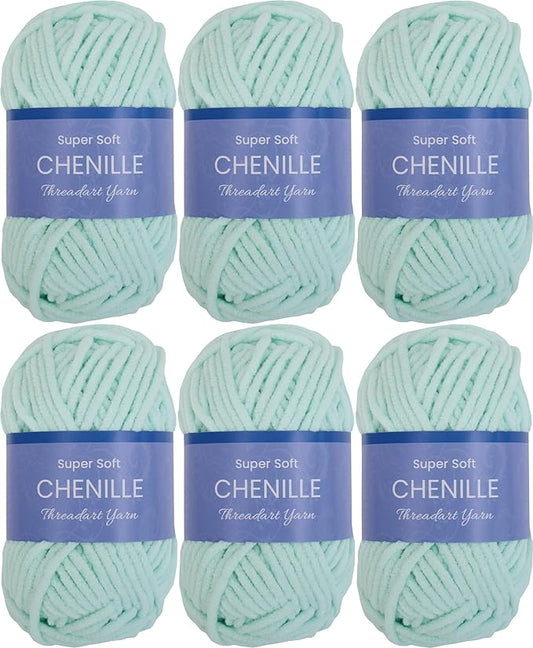 6 Pack ThreadArt Chenille Yarn for Crocheting, Knitting, Amigurumi, Super Soft Plush Velvet Yarn - 50 Gram 60 yds #5 Fluffy Yarn Skeins - Pale Aqua 25
