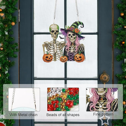Diamond Art Painting Pendant 5D Diamond Art Hanging Kit Halloween Skull Pumpkin DIY Crystal Window Door Pendant for Adults Gift Wall Home Halloween Decoration (24.1x23.1 cm)