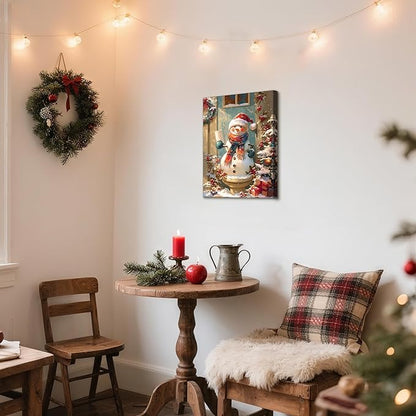 WENGTIAO Funny Christmas Snowman Canvas Wall Art Prints Cute Snowman on Toilet Pictures Posters Winter Scenery Painting Holiday Humor for Bathroom Washroom Xmas Artwork Gifts for Friend Family 16x24in